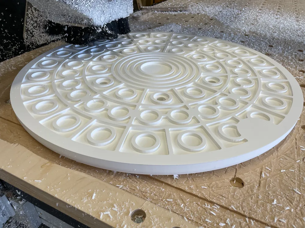 Full-scale prop manhole cover 3D-carved in white PVC for Netflix