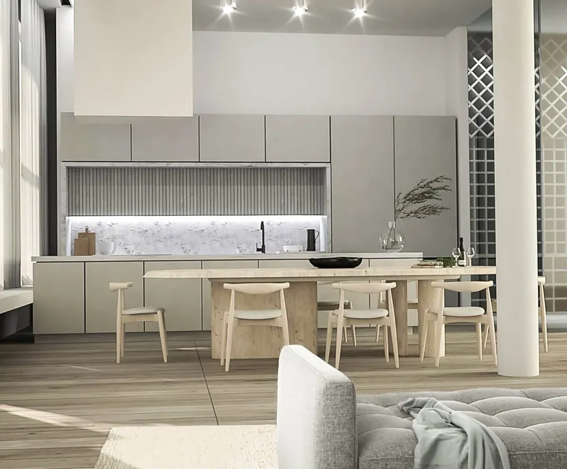 Open kitchen and dining space with a fluted range hood and a decorative screen, designed by DIVISION Architecture