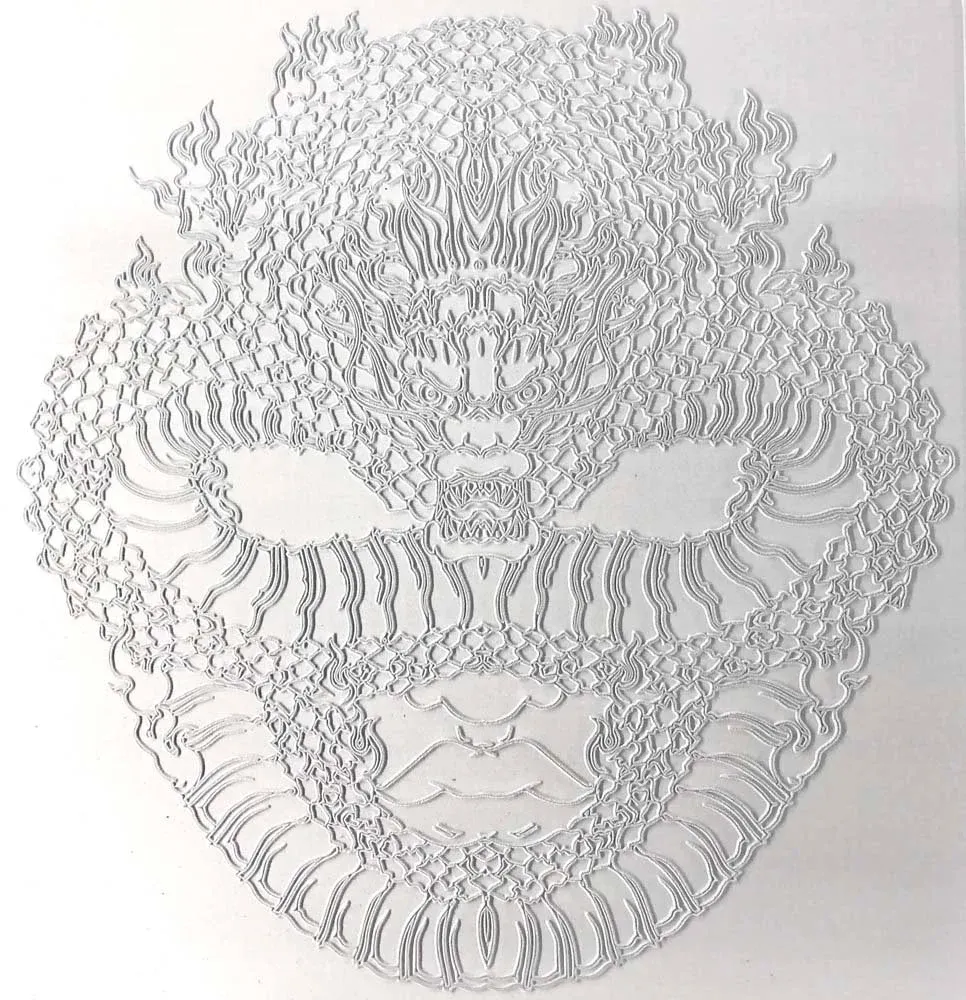 Intricate laser-etched inverted line art of a fierce dragon mask with detailed scales
